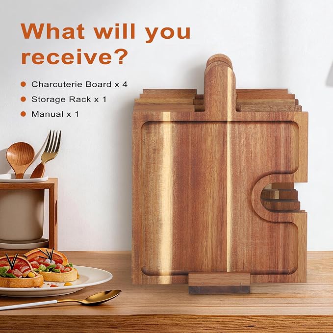 Wooden Charcuterie Boards Set of 4, Puzzle Serving Trays with Stand | Made from acacia wood,4-piece puzzle design,portable,18 inch ideal for charcuterie,snacks,appetizers,parties and gatherings