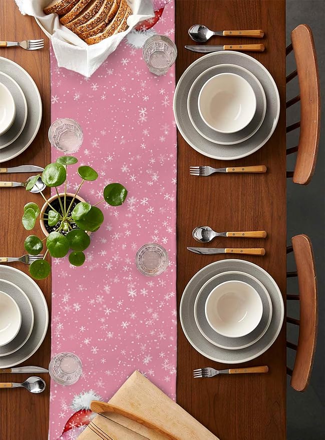 Snowman Christmas Table Runner - 72 Inch Long, Pink Xmas Winter Snowflake Dining Table Runner Dresser Scarves, Rustic Let Snow Bird Christmas Decor for Coffee Table Wedding Party Banquet, 14x72 in