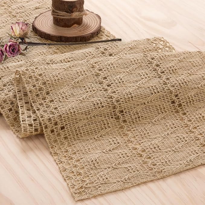 Niviy Burlap Boho Table Runner for Boho Chic Home Decor 48 Inches Long, Modern Farmhouse Decor Rustic Short Macrame Woven Coffee Table Runners for Summer Dining Table Decoration, Burlap Brown