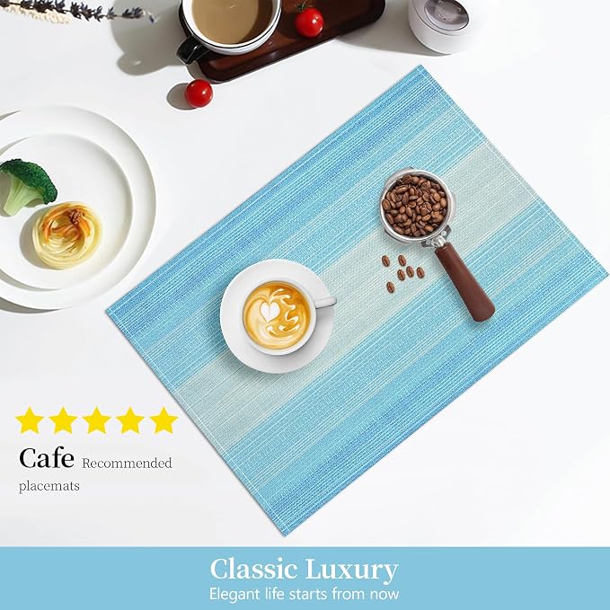 Bloss Blue Placemats Set of 6, Linen Woven Place Mats for Kitchen Table Indoor/Outdoor, 12" x 18" Washable Gradient Blue Placemat Dining Table Mats