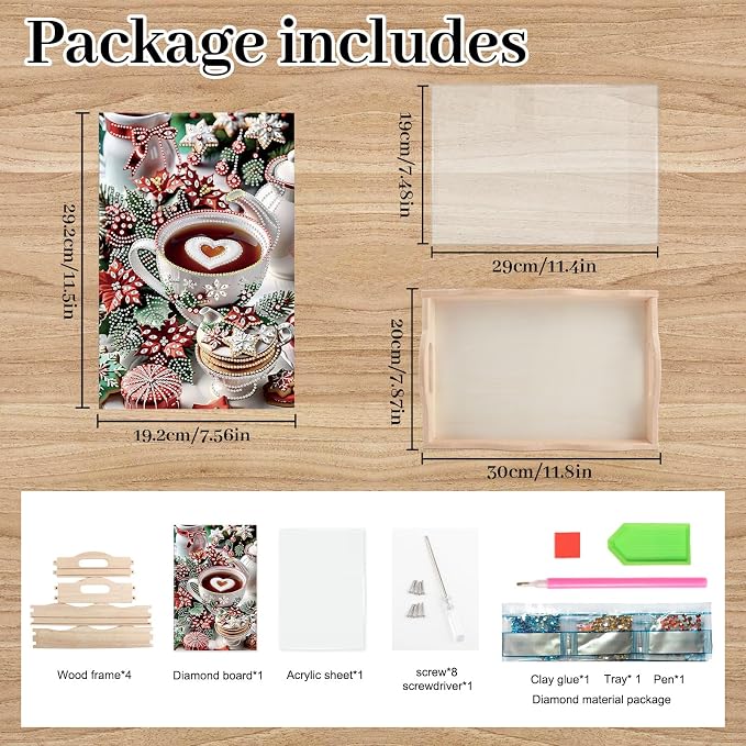 DIY Diamond Serving Tray Rectangular Breakfast Tray with Handle Handmade Diamond Art Painting Wooden Tray for Dinner Plate Coffee Room Living Home Organizer-Coffee