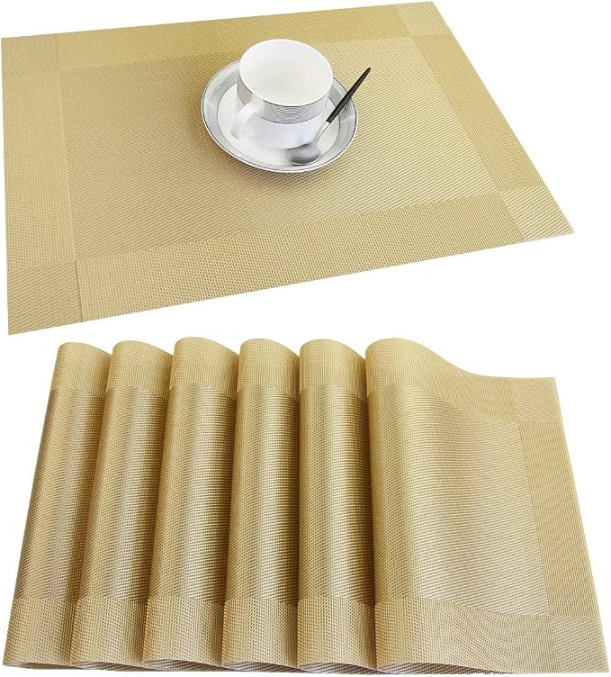Placemats Vinyl Twill Weave Heat-Resistant Table Mats Washable Kitchen Placemats for Dinig Table Set of 6 (Gold)