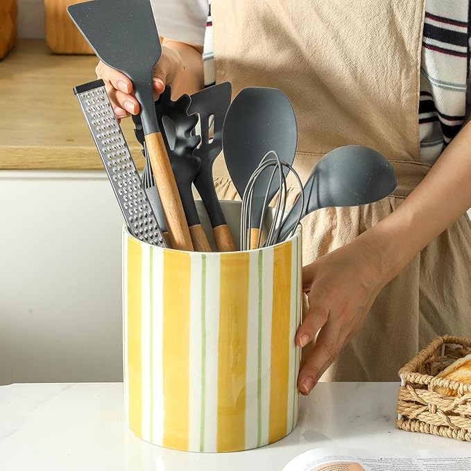 7" Hand-Drawn Lines Utensil Holder, Large Kitchen Utensil Holder Organizer ,Stable Utensil Crock Spatula Holder for Kitchen Counter Countertop Farmhouse Cooking Tools Holder