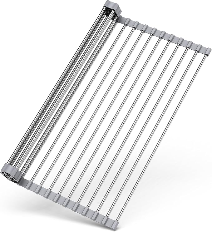 Roll Up Dish Drying Rack Over Sink, 17" x 15.7", Stainless Steel with Non-Slip Silicone Ends, Gray