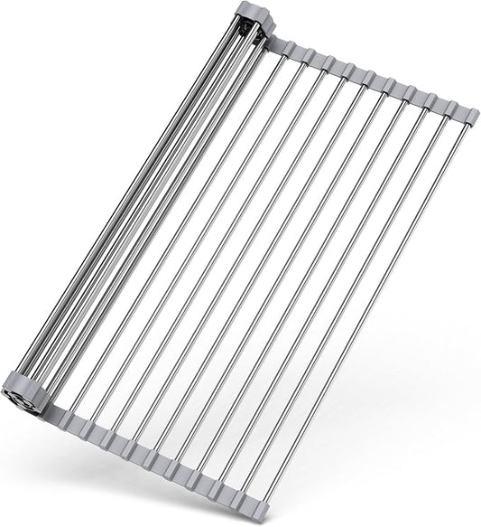 Roll Up Dish Drying Rack Over Sink, 17" x 15.7", Stainless Steel with Non-Slip Silicone Ends, Gray