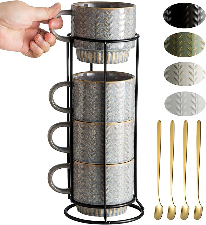 Miamolo Coffee Mugs Set of 4 with Spoons & Stand, Stackable Espresso Cups 13oz Coffee Mug for Drinks Latte Cappuccino Tea, Coffee Cup for Women Men Couples Housewarming Birthday Gift, Dishwasher Safe