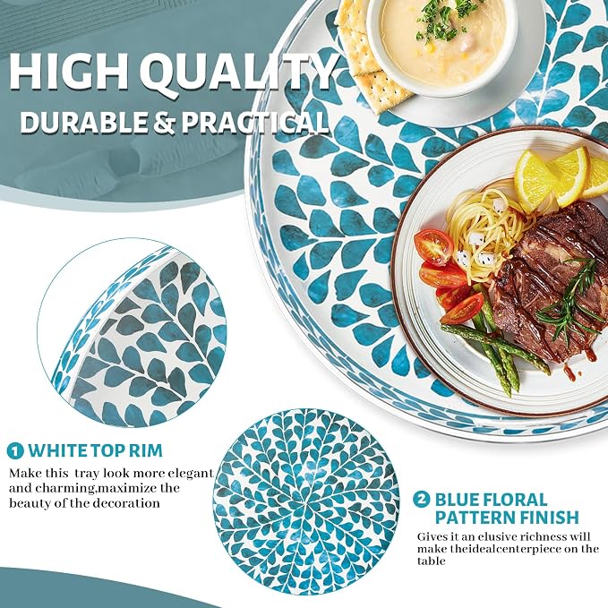 MAONAME Blue Decorative Tray, 13" Round Serving Tray with Handles, Leaf Pattern Sticker Trays for Coffee Table, Plastic Trays for Living Room, Bedroom