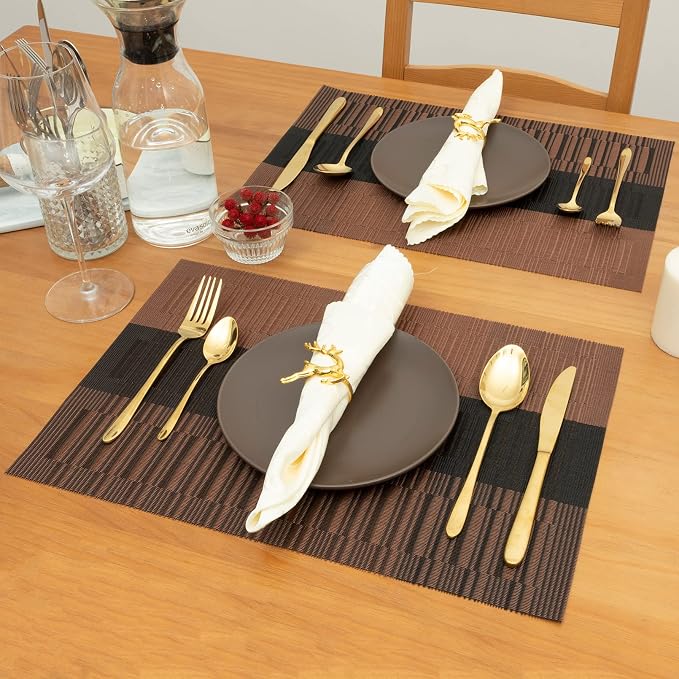 Winknowl Placemats Set of 8, Heat Resistant Non-Slip Vinyl Woven Table Mats for Dining Table, Washable Durable Elegant Place Mats for Kitchen Indoor/Outdoor Use (Coffee)