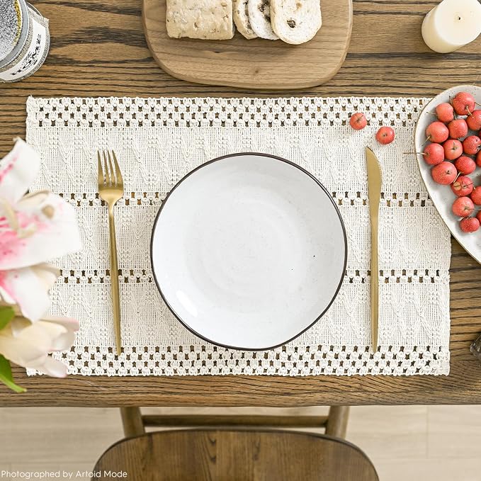 Artoid Mode Beige Farmhouse Woven Rustic Hollow Placemats Set of 4,12x18 Inch Seasonal Holiday Table Mats Party Kitchen Dining Decoration