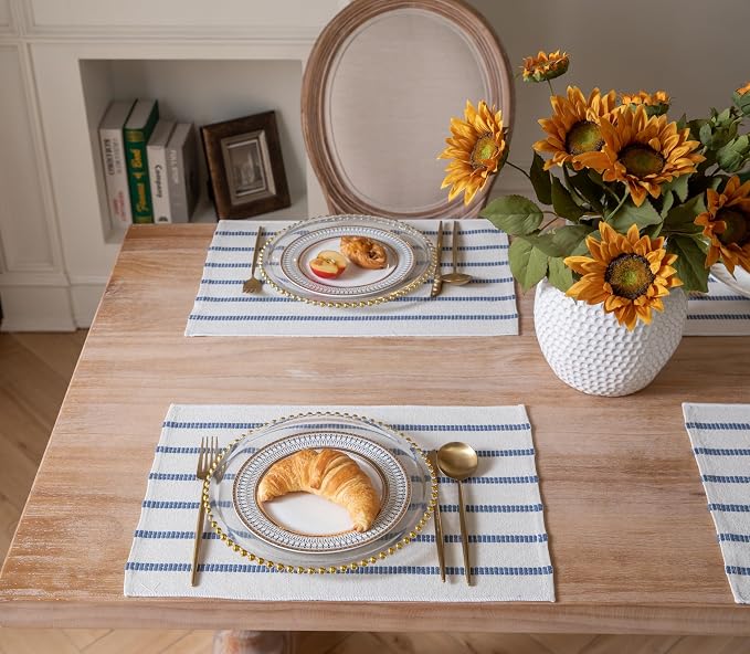 Caflife Boho Farmhouse Placemats Set of 4, Blue Stripes Cotton Linen Woven Table Mats for Modern Dining Table, 13x19 Inch Rustic Kitchen Decor Place Mats