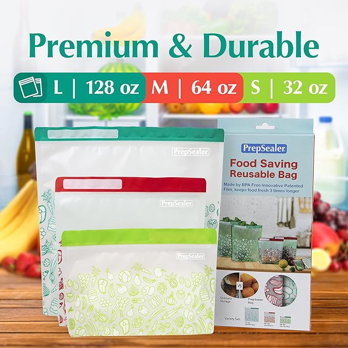 PrepSealer Reusable Food Storage Bags – Keep Fruits, Veggies & Meats Fresh Longer -10 Pieces (3 S, 3 M, 4 L)