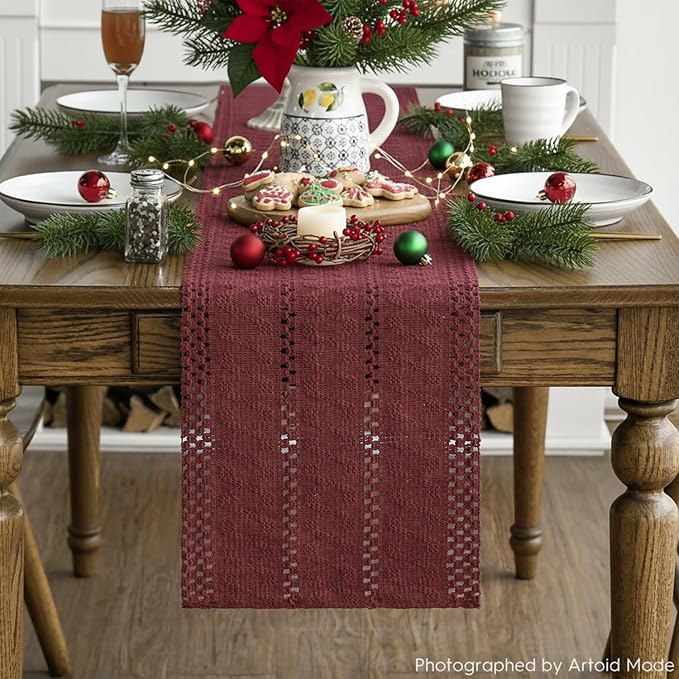 Artoid Mode Red Farmhouse Woven Rustic Hollow Table Runner, Seasonal Holiday Hollow Kitchen Dining Table Decoration for Home Party Decor 12x90 Inch