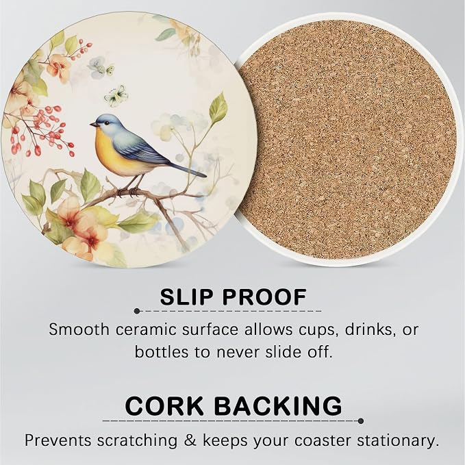 6 Pcs Drink Coasters with Holder,Vintage Watercolor Bird Flower Absorbent Round Ceramic Coaster for Tabletop Protection,for Coffee Cup Beverage Coasters Wine Beer Bar