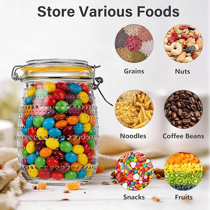 Glass Jars with Airtight Lids, 6Pack 32oz Wide Mouth Mason Jar with Clamp Lids, Food Containers for Grains, Nuts, Noodles, Coffee Beans, Snacks, Fruits, Polka Dots