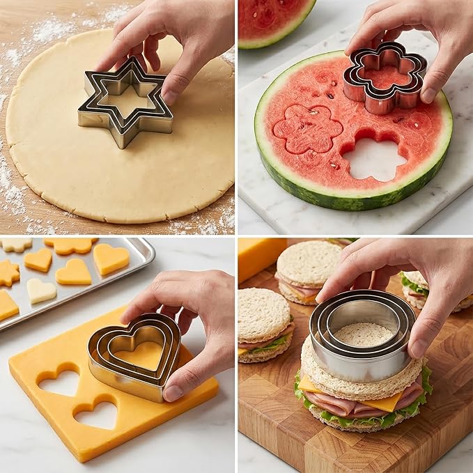 Cookie Cutters Set 12 PCS - Stainless Steel Shapes | Heart, Star, Flower, Round, Multi-Use for Baking, Cookies, Fruits, Holiday Decor, Dishwasher Safe, Professional Quality