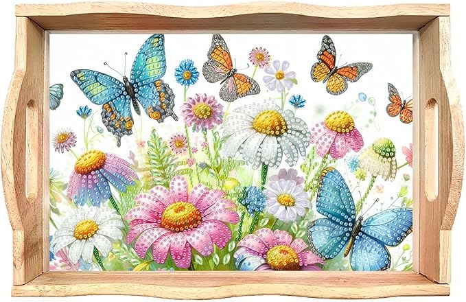 DIY Diamond Serving Tray Diamond Art Painting Creative Design Handmade Wooden Tray Dinner Plate for Coffee Breakfast Home Organizer-Flowers Butterfly
