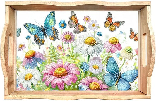 DIY Diamond Serving Tray Diamond Art Painting Creative Design Handmade Wooden Tray Dinner Plate for Coffee Breakfast Home Organizer-Flowers Butterfly
