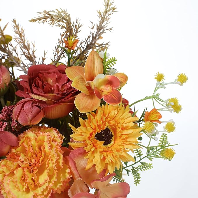 Artificial Flower Arrangement with Ceramic Vase and Gold Metal Stand, Orange and Terracotta Mixed Seasonal Flowers, 12x9 Inches, Silk, Dining Room Centerpiece