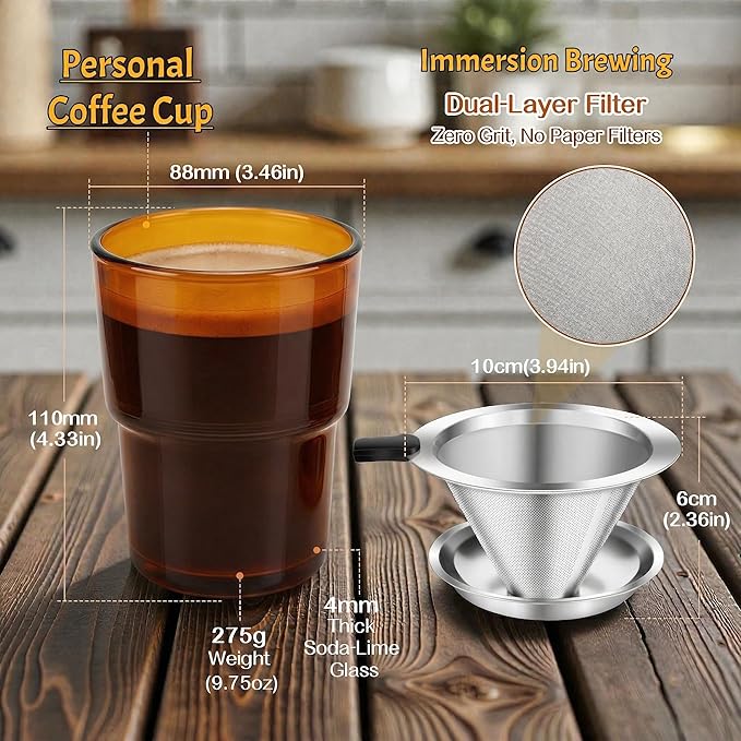 Single Serve Immersion Coffee Maker, Glass Pour Over Coffee Dripper with Reusable Stainless Steel Filter, Manual Coffee Brewer Cup for Home Office Travel-A
