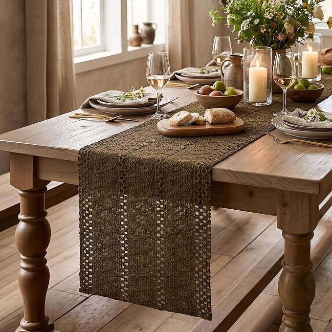 Artoid Mode Light Coffee Farmhouse Woven Rustic Hollow Table Runner, Seasonal Holiday Hollow Kitchen Dining Table Decoration for Home Party Decor 12x120 Inch