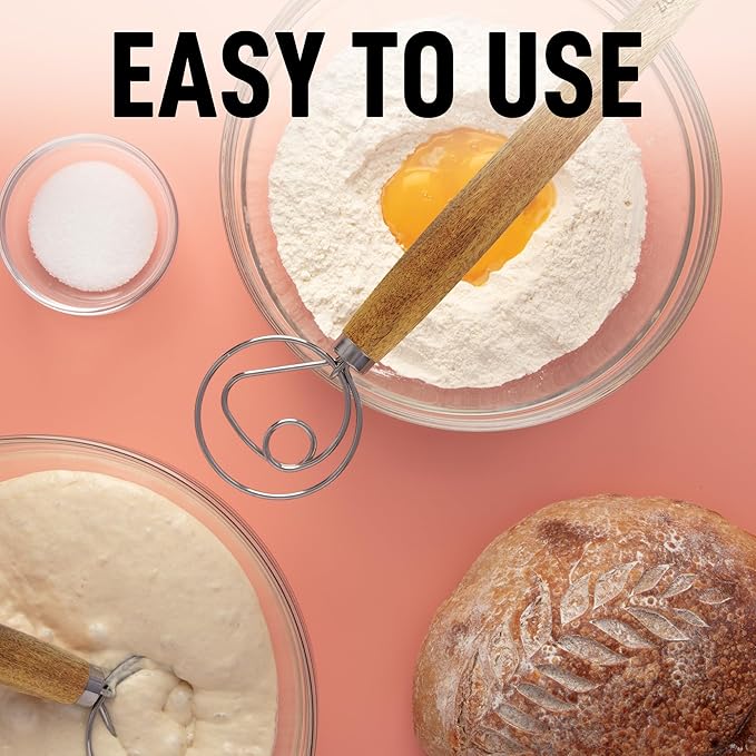 Zulay Kitchen 13-Inch Danish Dough Whisk - Stainless Steel Wooden Whisk with Dough Hook - Sourdough Whisk for Bread, Pizza, Pastry, Cake Batter & More - Acacia