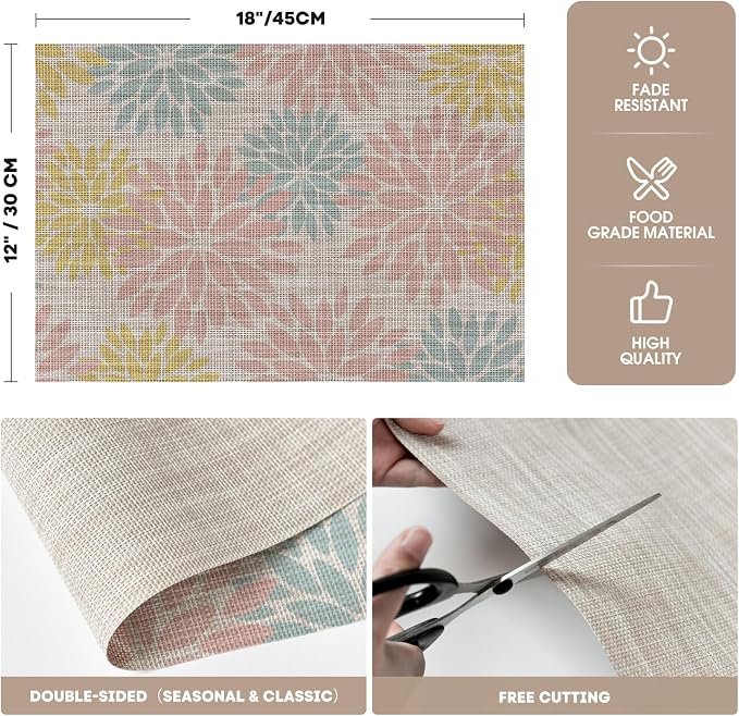 Artoid Mode Floral Vinyl Placemats Set of 4, 12x18 Inch Heat Resistant Washable Non-Slip Plistic PVC Place Mats for Party Kitchen Dining Decor, Pink Blue