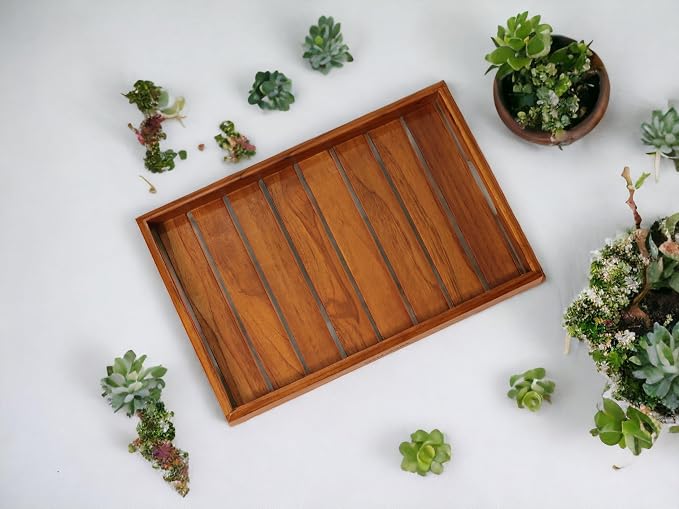 Vesta Homes Large Teak Wood Serving Tray for Home, Kitchen, Breakfast, Restaurant, Office Organizer, Dining Table | Premium Wooden Tray |15 * 10 * 1.5 Inches | Handmade in India