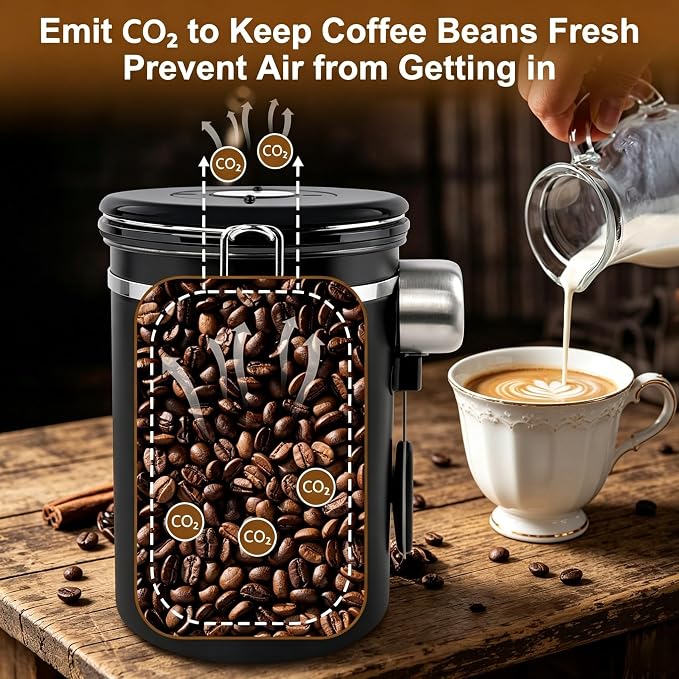 Coffee Canister with Window, 22OZ Airtight Stainless Steel Food Storage Container, Home Kitchen Sugar Organizers Jar with Scoop for Beans, Rice,Tea, Flour, Cereal, Black