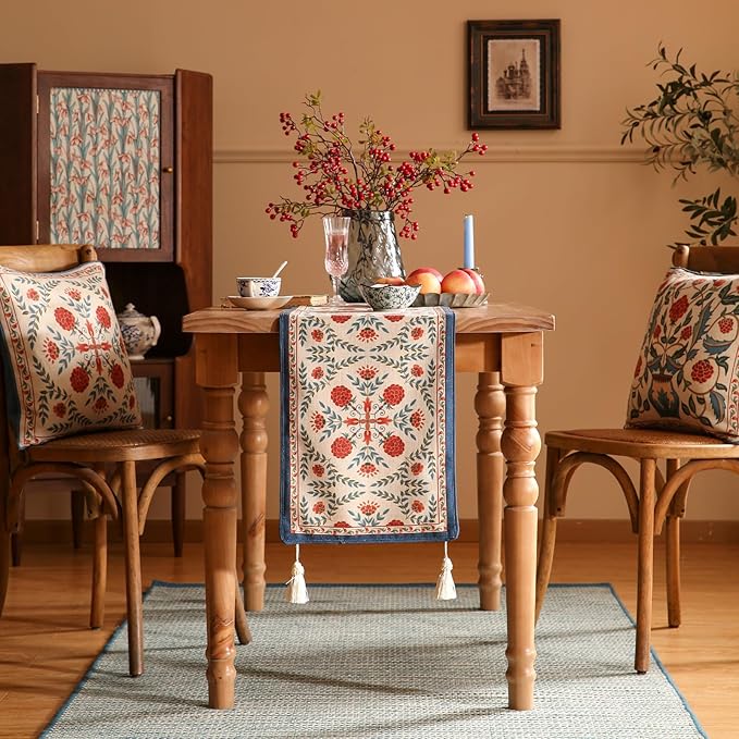 patdrea Designer Vintage Bright Farmhouse Extra Long Linen Table Runner 118 Inch Long, Maroon Floral Pattern Table Mat, Decor for Kitchen Dining Coffee Table Cabinet Banquet Christmas ,12"*118"