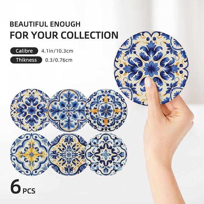 Coaster for Drinks Set of 6, Blue Vintage Spanish Ceramic Floral Absorbent Round Ceramic Stone Mat, with Cork Base and Metal Holder, Gift for Housewarming Room Bar Decor (Azulejo Tile-2)