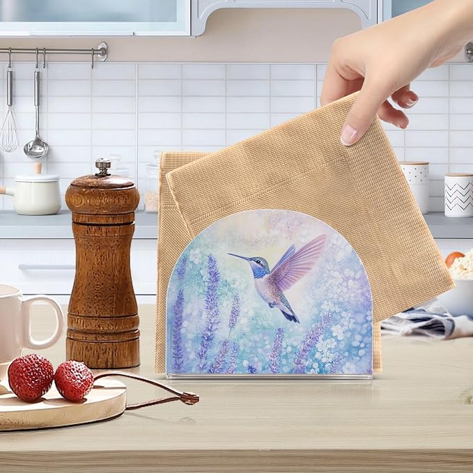 Fustylead Hummingbird with Purple Lavender Flowers Napkin Holder for Table Acrylic Cocktail Napkin Holders Small Decorative Napkin Dispenser for Home Party Dining Kitchen Accessories, 2 Pack