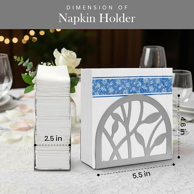 Napkin Holder for Table | Upright Napkin Stand with Decorative Leaf & Branch Design, Modern Metal Napkin Holder for Kitchen, Dining, Café, Office | Rust-Resistant Silver Finish