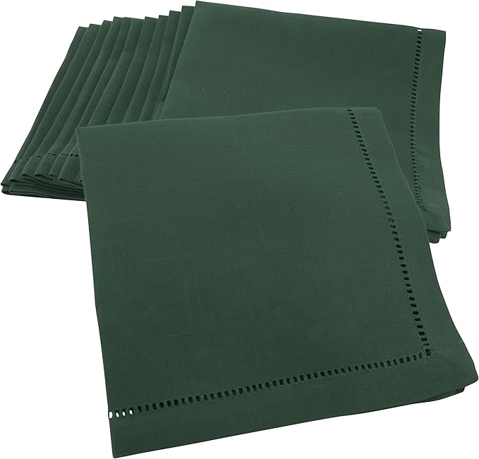 SARO LIFESTYLE Hemstitched Border Dinner Napkin (Set of 12), Jasper Green, 20"x20"