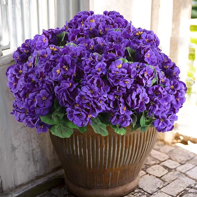Hananona Artificial Geranium Flowers for Outdoors Geranium Silk Flowers Outdoor UV Resistant Garden Plants Faux Flowers for Home Kitchen Table Centerpieces Decor (6, Purple)