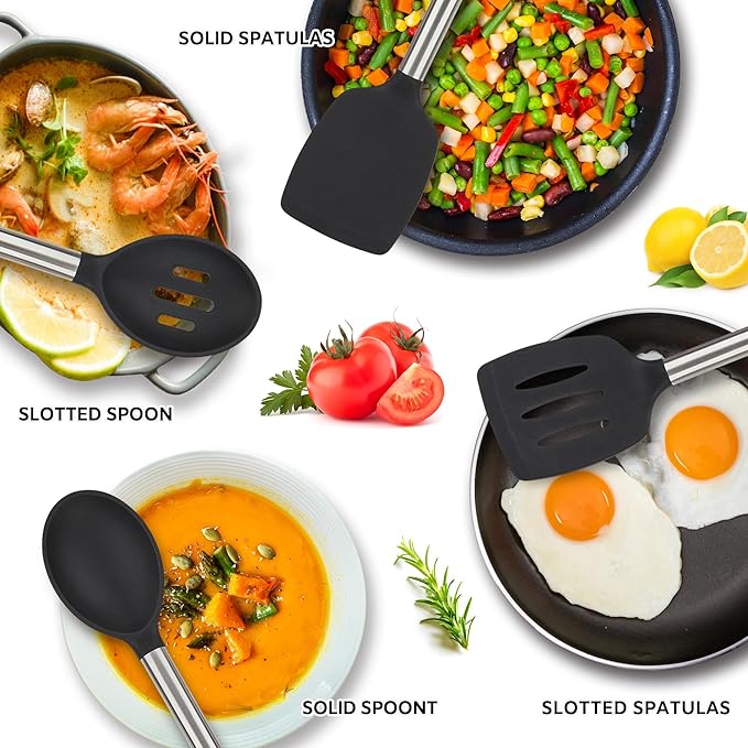 Silicone Cooking Kitchen Utensils Set Kitchen Utensils Set Silicone Cooking Utensils Set for Nonstick Cookware Perfect for Baking and Mixing Spatula Set BPA Free Dishwasher Safe Black 4 Pack