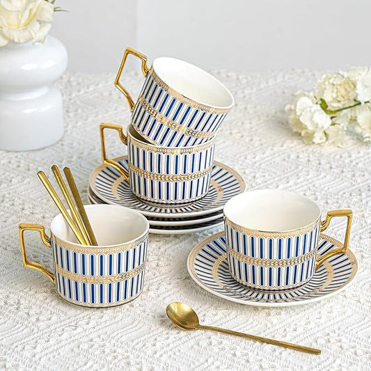 CwlwGO-Ceramic Coffe Cups and Saucer Sets,British Bone China Blue Gold Tea Cup and Saucers Service for 4,Gifts Box, China Tea Set, Tea Sets for Women and Adults.