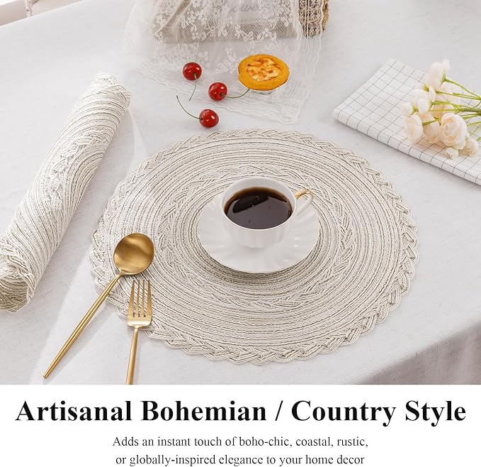 SHACOS Round Placemats Set of 6 Boho Braided Bordered Place Mats 15 inch for Dining Tables Wedding Holiday Party (Ivory Bordered, 6)