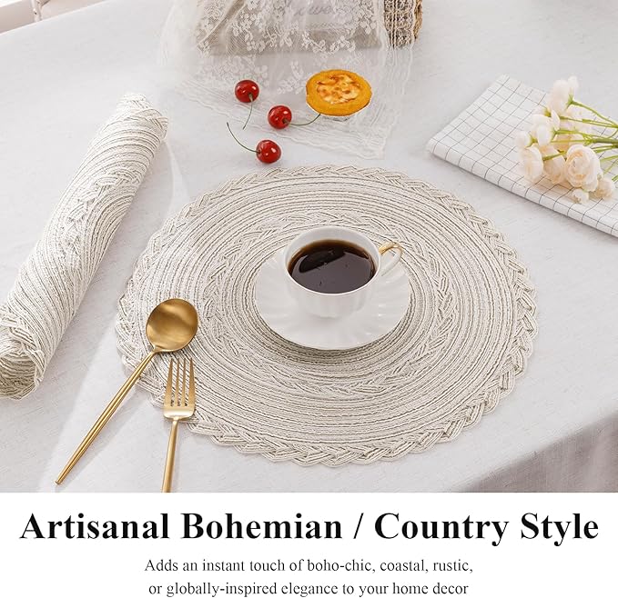 SHACOS Round Placemats Set of 4 Boho Braided Border Table Place Mats for Dining Table Wedding Holiday Party (Ivory Bordered, 4)