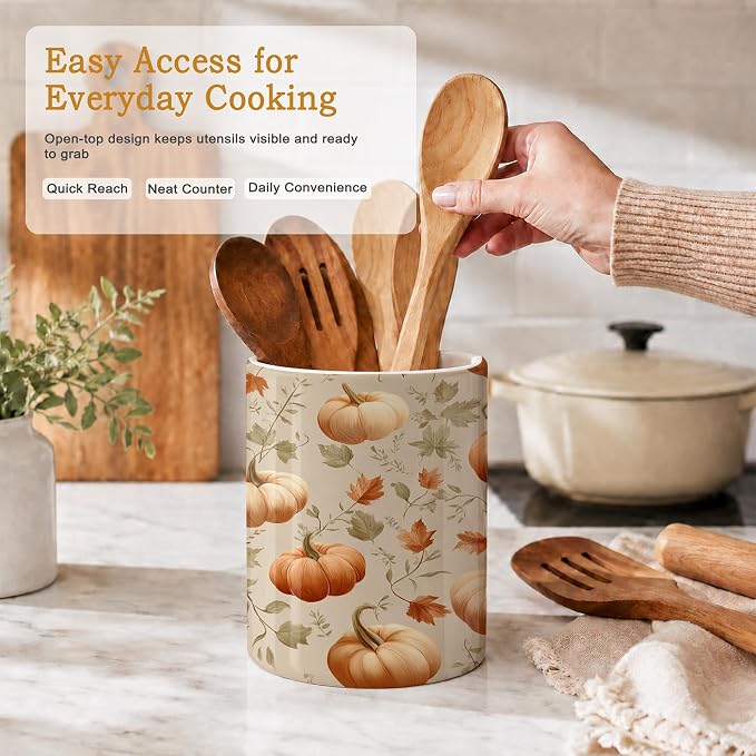 Pumpkins Kitchen Utensil Holder,Autumn Maple Leaves Large Ceramic Utensil Crock Organizer for Spatulas,Spoons and Cooking Tools,Kitchen,Home Decoration 6.3"