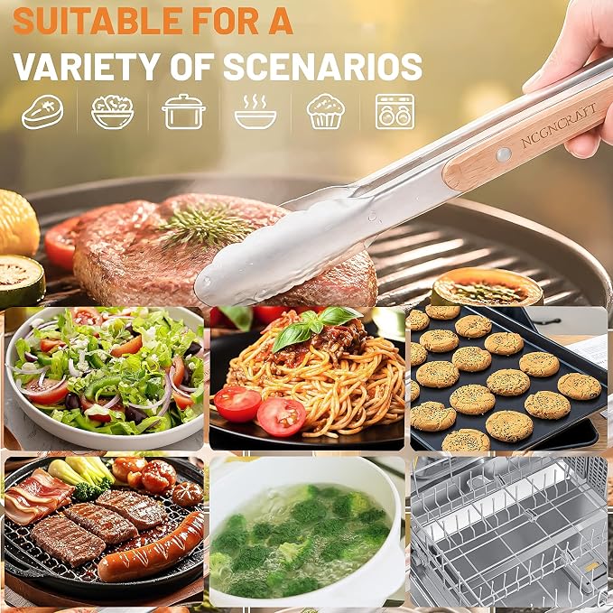 9+12 inch Stainless Steel Kitchen Tongs for cooking with Wood Handle, Set of 2