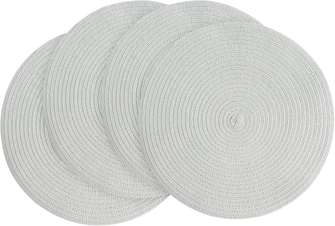 Floroom 15 Inch Round Braided Placemats Set of 4, Washable Heat Resistant Cotton Polyester Circle Place Mats for Kitchen Dining Table - Silver Grey