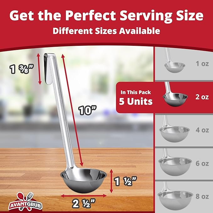 Super Sturdy, Ergonomic 2 Oz. Soup Ladle 5 Pk. Stainless Steel Ladles with Long Handles. Best Kitchen Accessories for Stirring, Portioning and Serving Soups, Chili and Stew in Restaurants and at Home