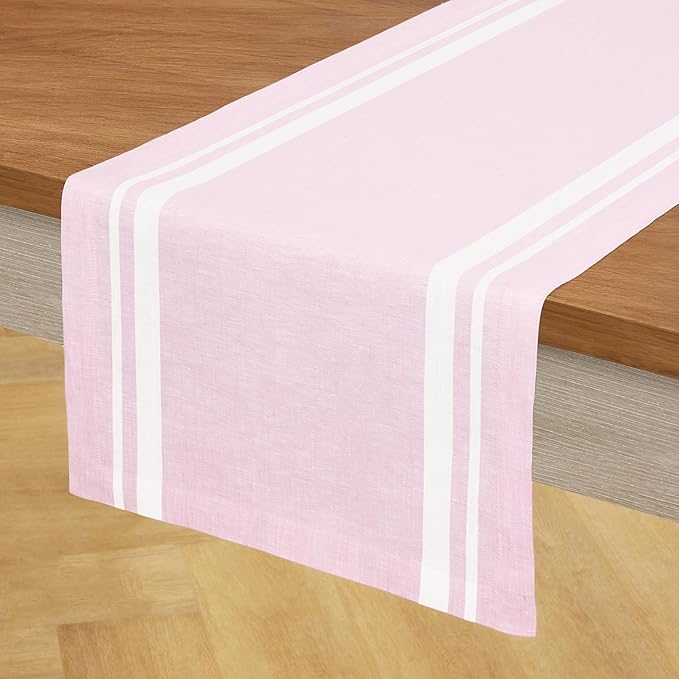 Solino Home Linen Table Runner 72 Inches Long - 100% Pure Linen White and Dusty Pink French Stripe Table Runner 14 x 72 Inch for Dining, Dresser, Spring, Summer