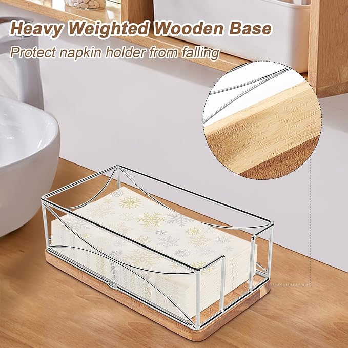 Livabber Guest Napkin Holder, Metal Bathroom Paper Hand Towel Storage Modern Napkin Tray Caddy for Countertop, Table Kitchen, Dinning Room (Chrome, Wooden Base)