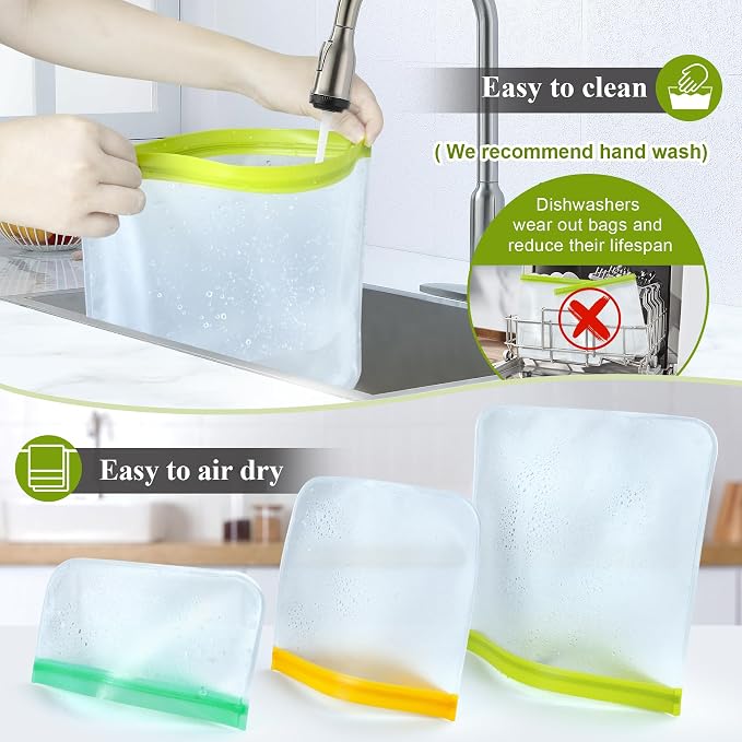 8 Pack Silicone Bags Reusable Storage Silicone Bags-3 Reusable Gallon Freezer 3 Sandwich 2 Snack Bags, Leakproof Food Storage Containers for Home Work