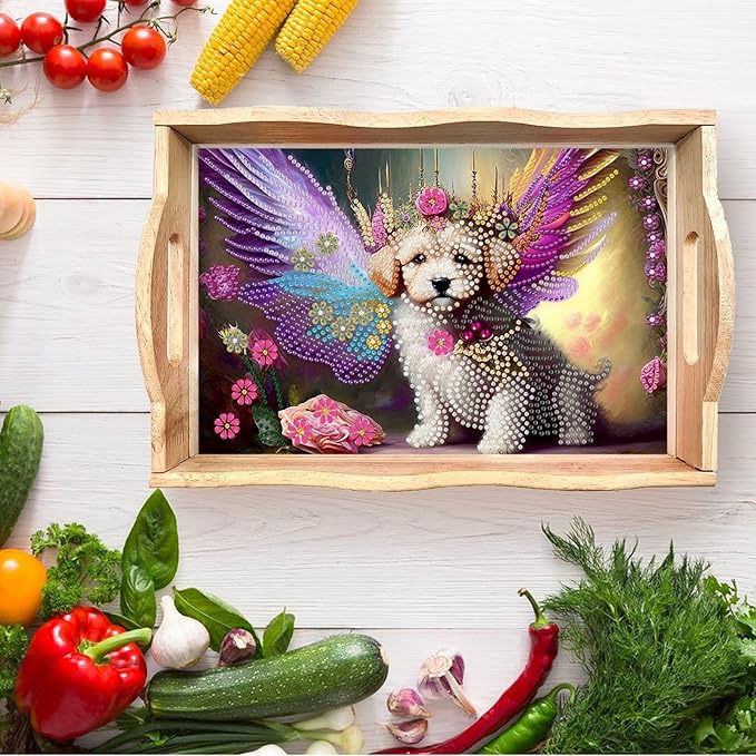 DIY Diamond Serving Tray Diamond Art Painting Creative Design Handmade Wooden Tray Dinner Plate for Coffee Breakfast Home Organizer-Dog