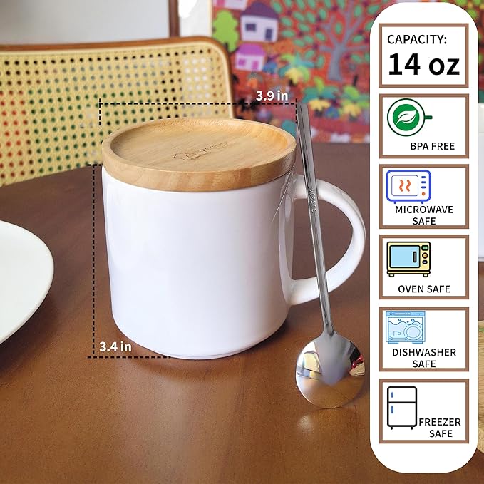 14 oz Ceramic Coffee Mug Set of 2 with Solid Wood Lids & Spoons – Stackable White Mugs, Microwave/Dishwasher Safe, Heat Resistant – Ideal Housewarming Wedding Gift for Women Men
