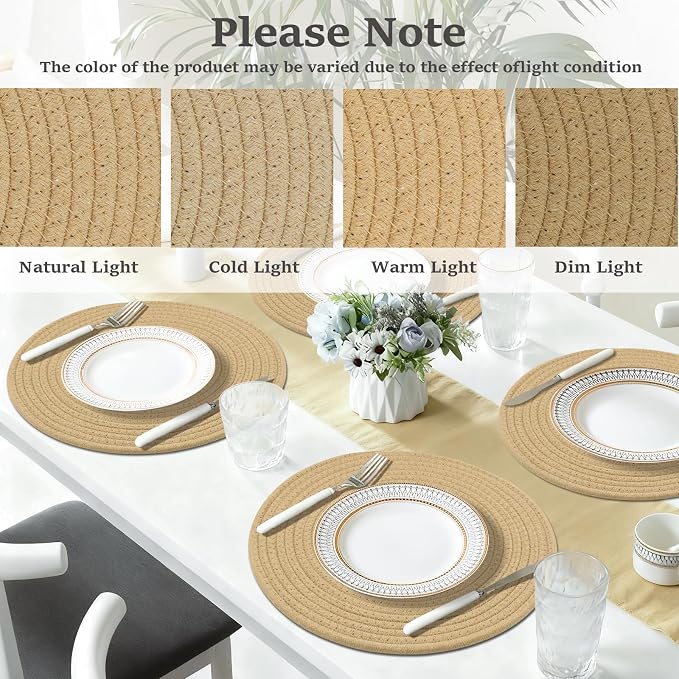 Round Placemats Set of 6, Cotton Rope Woven Table Mats, Hot Pads for Kitchen, Non Slip Heat Resistant Place Mats, 13 Inches Braided Placemat for Farmhouse Decor and Kitchen Table Decor (Khaki)