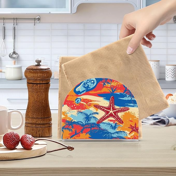 Napkin Holder Acrylic Napkin Holder for Table Kitchen Party Restaurant U Shaped Upright Napkin Dispenser Organizer Bright Summer Beach Starfish and Palm Tree