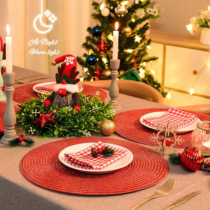 AHHFSMEI Round Placemats Set of 6 Heat Resistant Washable Non-Slip Woven Braided Table Mats for Dining Table Kitchen & Home Decor (Red Shine)